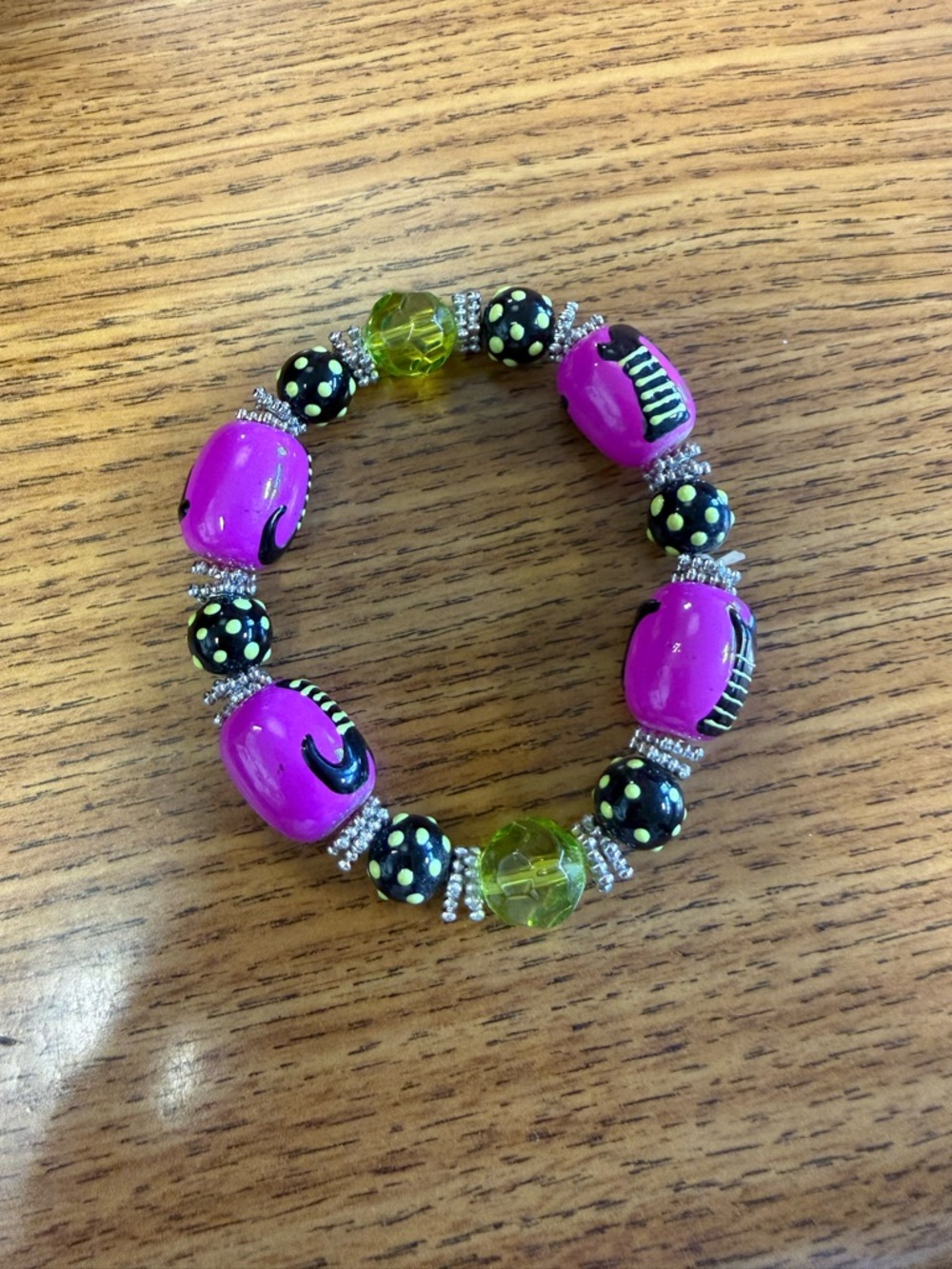 Halloween Purple Bead Stretch Bracelet with Lime Accent